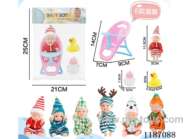 Six four-and-a-half-inch dolls with three accessories