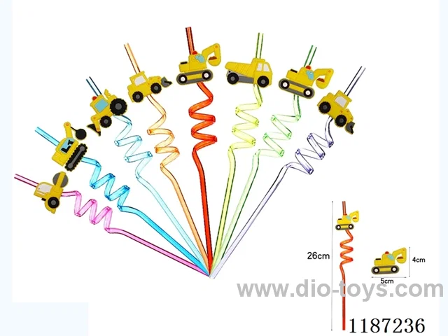 Spiral three circle cartoon engineering truck straw (8PCS)