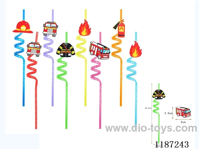 Spiral three circle cartoon fire truck straw (8PCS)