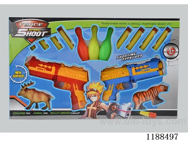Blue and red 2 colors EVA toy gun with animal bowling ball
