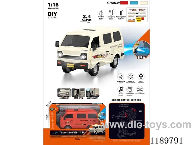 2.4G 1:16 6ch rc car with one touch demo spray music (with 3.7V Li-ion battery, USB cable.) Water filler. Printable sticker*1. Remote control 2AA is not included.