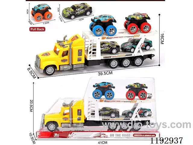 Trailer carrying 4PCS pull back tin wagon