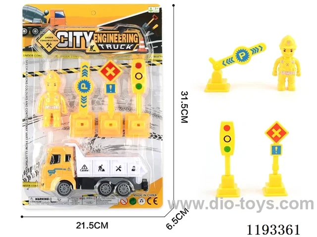 Inertia Construction Vehicle with 3 Pieces Road Signs + Engineer