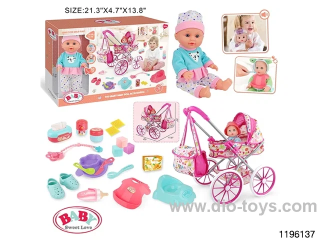 13-inch Fixed Eye Drinking Doll Stroller Set with IC