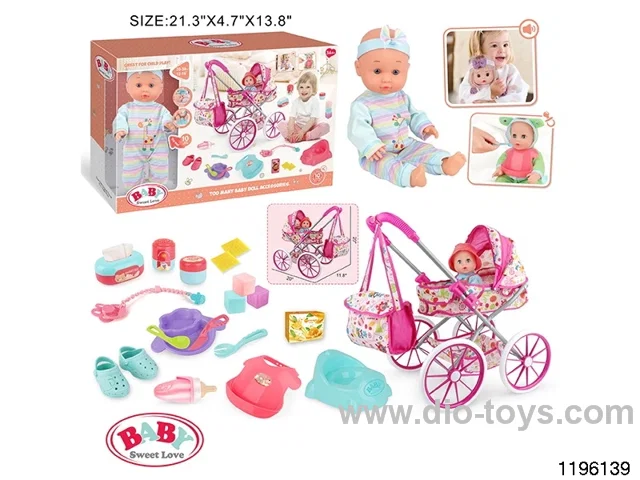 13-inch Fixed Eye Drinking Doll Stroller Set with IC