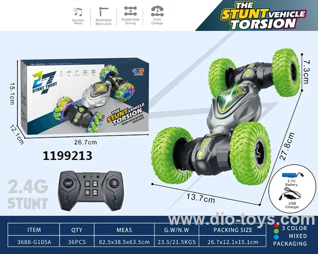 2.4G TWIST STUNT CAR (WITH 3.7V LITHIUM BATTERY, USB CABLE, REMOTE CONTROL 2 AA NOT INCLUDED) 10-WAY IN COLOR BOX
