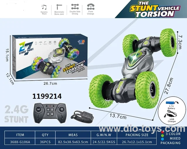 2.4G TWIST STUNT CAR (WITH WATCH, WITH 3.7V LITHIUM BATTERY, USB CABLE, REMOTE CONTROL 2 AA NOT INCLUDED) 10-CHANNELS IN COLOR BOX