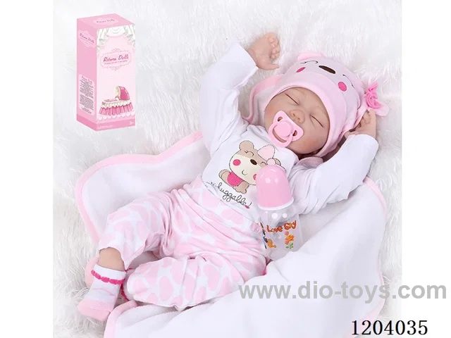 55cm soft plastic doll (wig cover) with bottle, magnetic pacifier, diaper, birth card, no mat