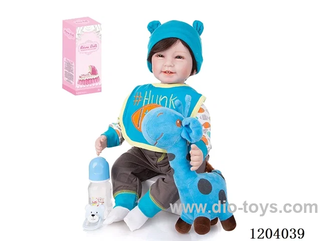 55cm soft plastic doll (wig cover) with bottle, magnetic pacifier, diaper, birth card, giraffe