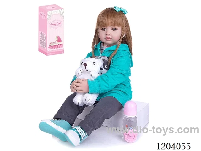 60cm soft plastic doll (wig cover) with bottle, magnetic pacifier, diaper, birth card, shoes, bear