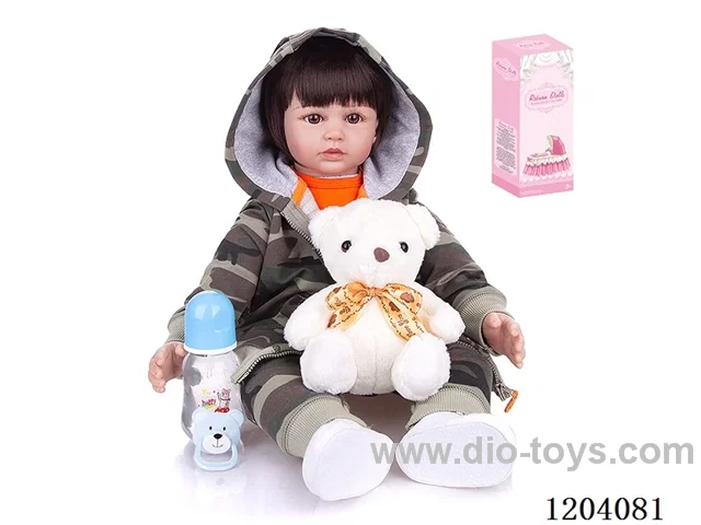 60cm soft plastic doll (wig cover) with bottle, magnetic pacifier, diaper, birth card, shoes, bear