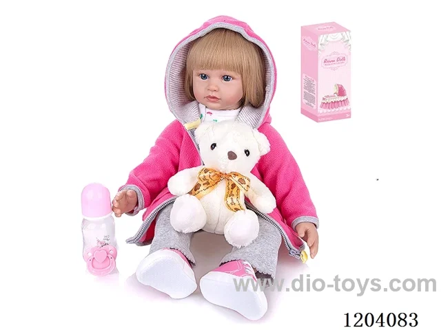 60cm soft plastic doll (wig cover) with bottle, magnetic pacifier, diaper, birth card, shoes, bear