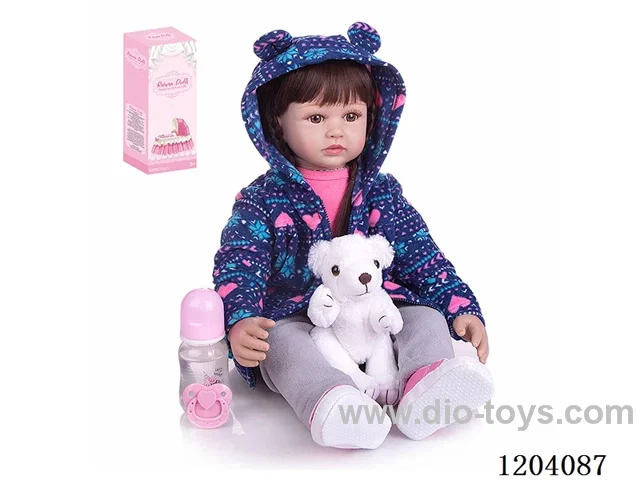 60cm soft plastic doll (wig cover) with bottle, magnetic pacifier, diaper, birth card, shoes, bear