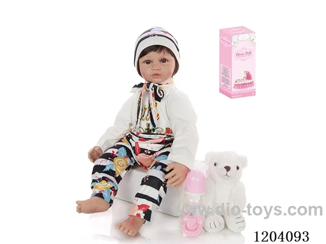 60cm soft plastic doll (wig cover) with bottle, magnetic pacifier, diaper, birth card, shoes, bear