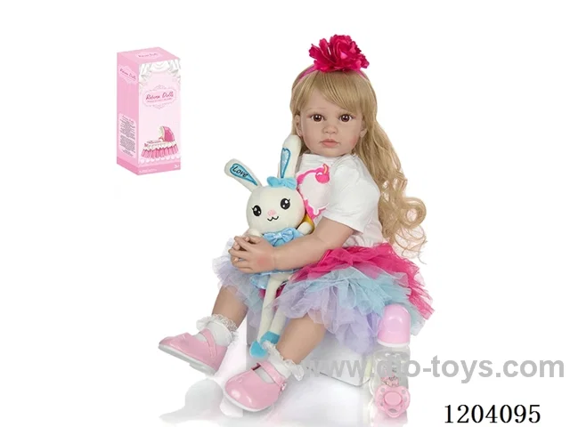 60cm soft plastic doll (wig cover) with bottle, magnetic pacifier, diaper, birth card, shoes, bunny