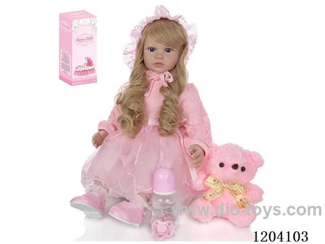 60cm soft plastic doll (wig cover) with bottle, magnetic pacifier, diaper, birth card, shoes, bear
