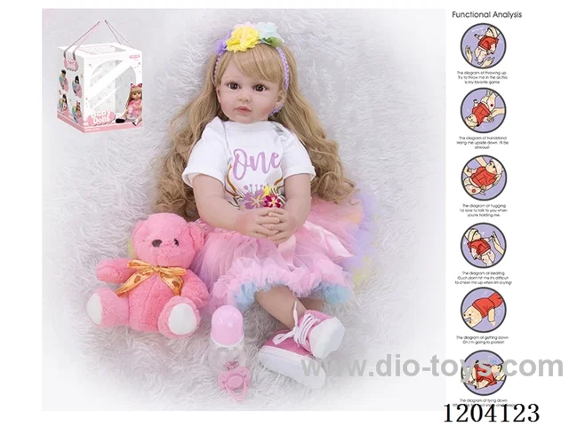 55cm simulation doll (wig) with bottle, magnetic nipple, diaper, birth card, little plush bear, with gravity sensing voice function.
