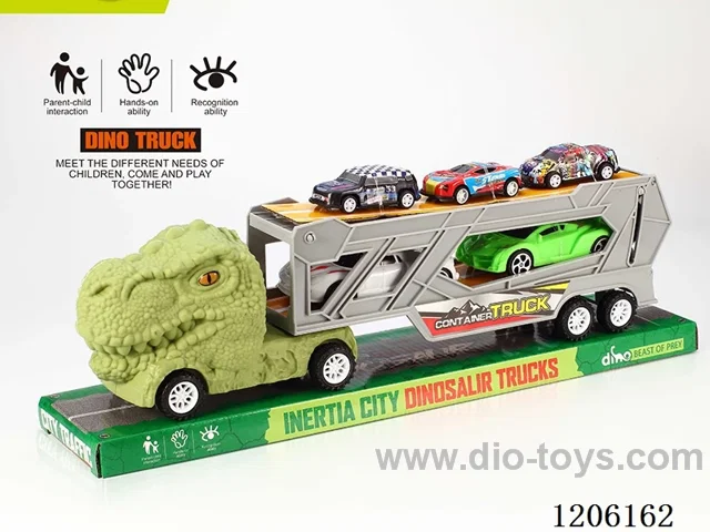 Inertia dinosaur tractor with two sports cars + three metal carts