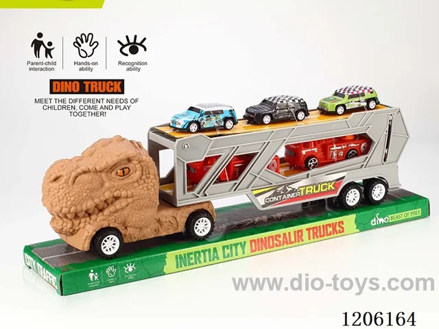 Inertia Dinosaur Trailer with two fire engines + three metal carts