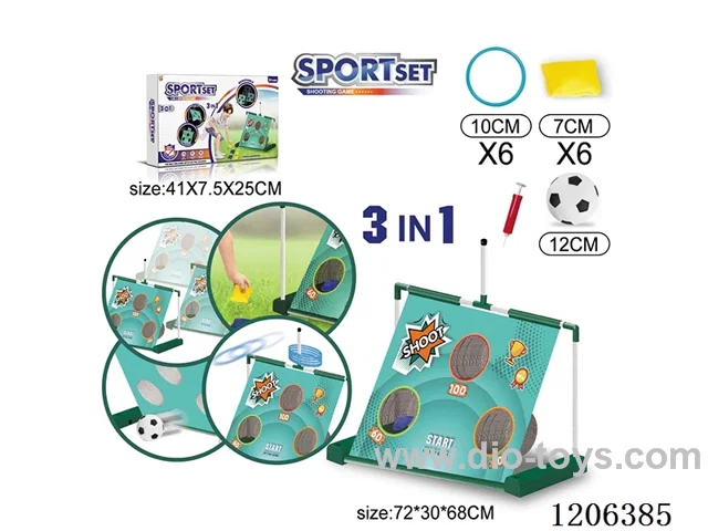Mobile soccer goal + sandbag throwing + hoop 3 in 1