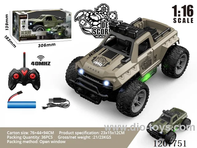 1:16 Four-way military off-road vehicle with lights (including batteries) Army Green/Desert Yellow