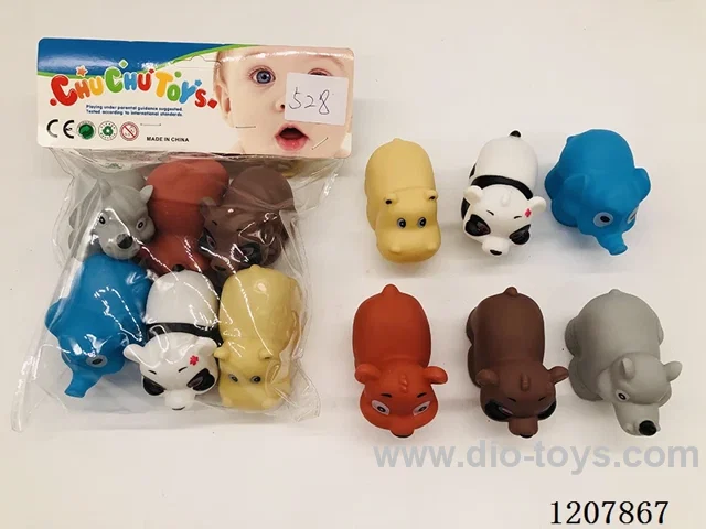 Vinyl animal water toys six packed with earth whistle.