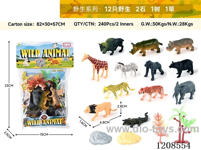 animal set-12 wild animals, 2 stones, 1 tree and 1 grass