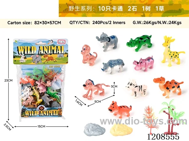 animal set-10 cartoon wild animals, 2 stones, 1 tree and 1 grass