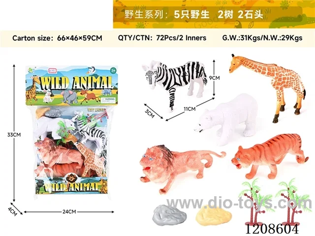 animal set-5 wild animals, 2 trees and 2 stones.