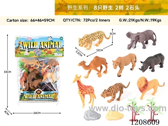 animal set-Eight wild animals, two trees and two stones.