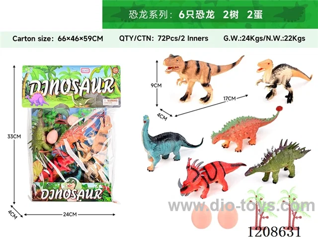 animal set-Six dinosaurs, two trees and two eggs.