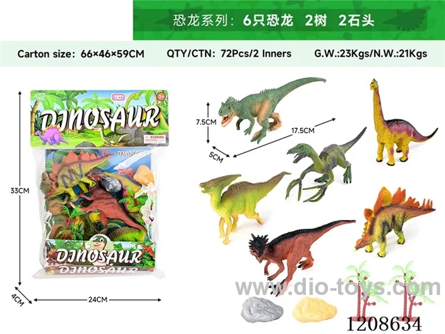 animal set-Six dinosaurs, two trees and two stones.