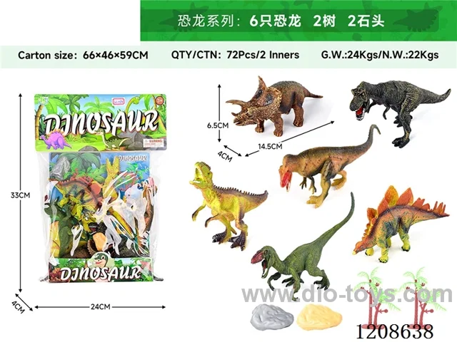 animal set-Six dinosaurs, two trees and two stones.