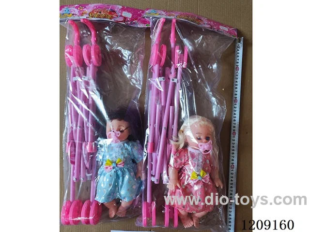 14 inch doll set - Gold Dot dress + pacifier + Big cart