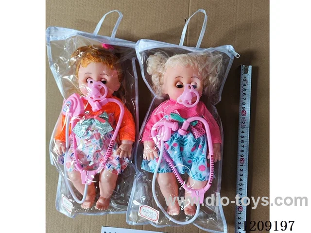 16 inch doll set - Knitted Long sleeve floral dress + pacifier + stethoscope + Hanging bag (2 hairstyles)