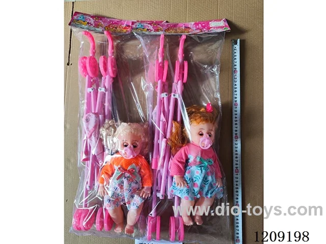 16 inch doll set - Knitted Long sleeve floral dress + Pacifier + Big cart (2 hairstyles)