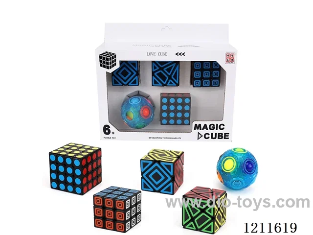 Skew turn (UV printing) +Transformers (UV printing) +3rd order Rubik's Cube (UV printing) +4th order Rubik's Cube (UV printing) +Transparent blue rainbow circle (with bearings)