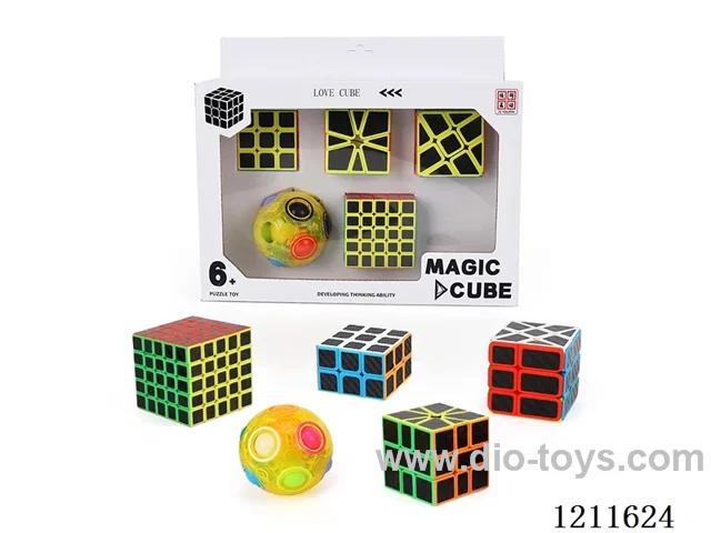 3rd Order Carbon Fiber Rubik's Cube (UV Printing) + Carbon Fiber SQ1 (UV Printing) + Carbon Fiber Fire Wheel (UV Printing) + 5th Order Black Carbon Fiber Rubik's Cube (UV Printing) + Transparent yellow rainbow ball
