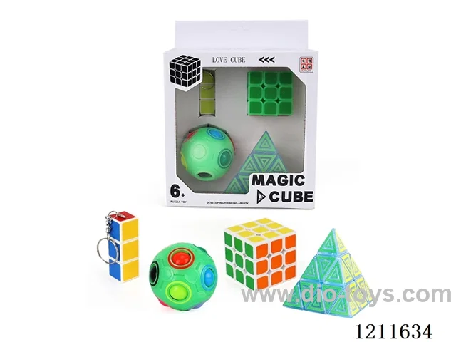 1st order Rubik's Cube with keychain (UV printing) + 3rd order glow-in-the-dark Rubik's Cube 5.5cm (heat transfer) + glow-in-the-dark rainbow ball (with bearing) + 3rd order pyramid (UV printing)