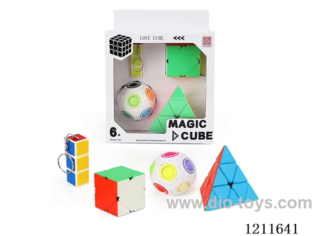 First Order Rubik's Cube with Keychain (UV printing) + Tilt & Turn Rubik's Cube (solid color) + White Rainbow Ball + Third Order Pyramid (solid color)