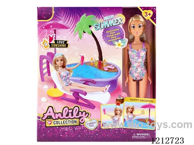 11.5-inch solid body Barbie pool set(brown skin)