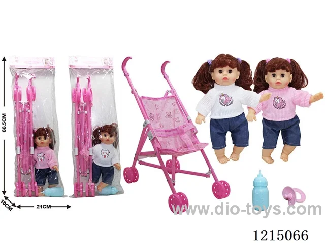 12 inch cotton filled doll with music IC+ stroller, bottle, pacifier. Two colors.