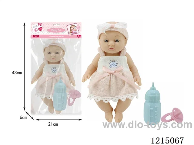9.5inch Vinyl doll with bottle and pacifier. Single color.