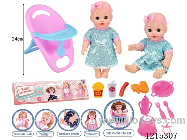 14inch Full Vinyl Doll+Accessories(Chairs, Plates, Forks, Spoons, Bibs, Bottles, Pacifiers, Drinks, French Fries, Sausage, Chicken Wings)