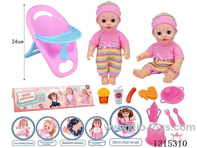 14inch Full Vinyl Doll+Accessories(Chairs, Plates, Forks, Spoons, Bibs, Bottles, Pacifiers, Drinks, French Fries, Sausage, Chicken Wings)