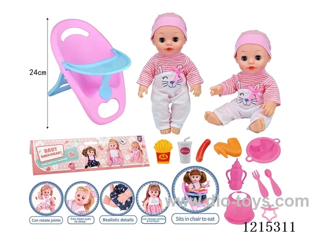 14inch Full Vinyl Doll+Accessories(Chairs, Plates, Forks, Spoons, Bibs, Bottles, Pacifiers, Drinks, French Fries, Sausage, Chicken Wings)