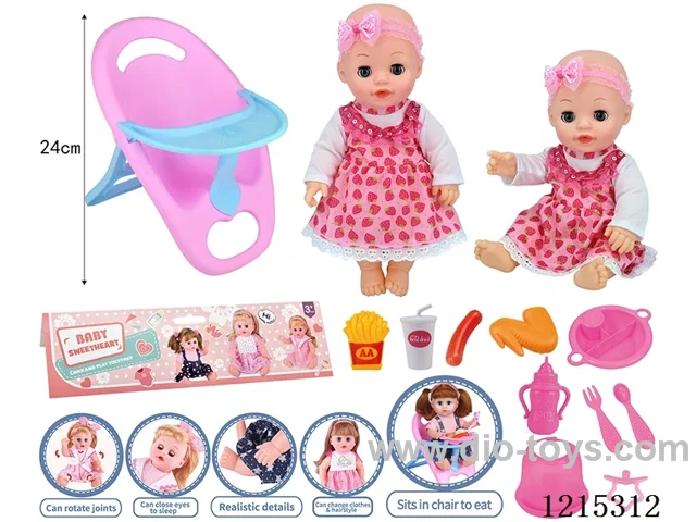 14inch Full Vinyl Doll+Accessories(Chairs, Plates, Forks, Spoons, Bibs, Bottles, Pacifiers, Drinks, French Fries, Sausage, Chicken Wings)