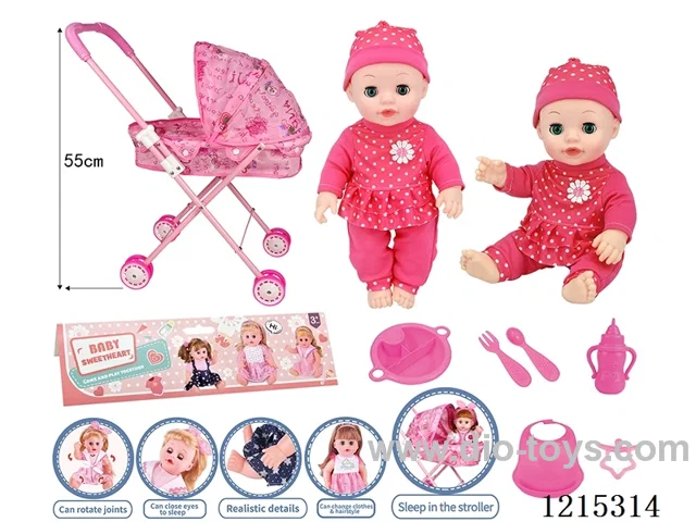 14inch Full Vinyl Doll+Accessories(Trolley, Plate, Fork, Spoon, Bib, Bottle, Pacifier, Drink, French Fries, Sausage, Chicken Wing)