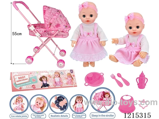 14inch Full Vinyl Doll+Accessories(Trolley, plates, forks, spoons, bibs, bottles, pacifiers, iron bars)