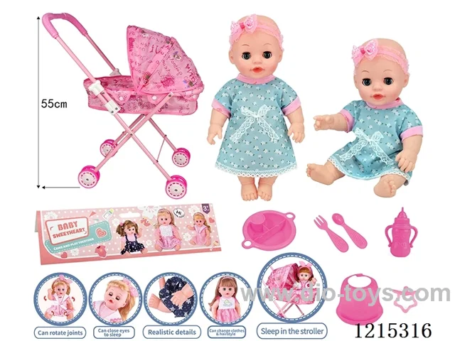 14inch Full Vinyl Doll+Accessories(Pushchair with iron bars, plates, forks, spoons, bibs, bottles, pacifiers)